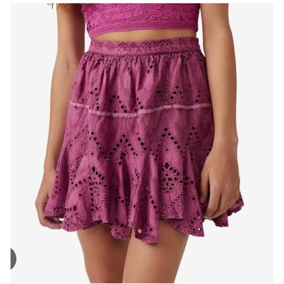 Free People Skort Womens Large Purple Boho Eyelet Embroidered Pull On Festival - Picture 1 of 5